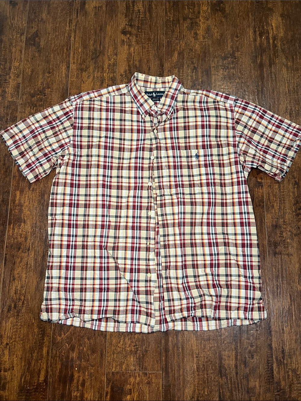 Ralph Lauren Polo 100% Cotton Cream Red Plaid Short-Sleeve Button-Down Shirt LRG
